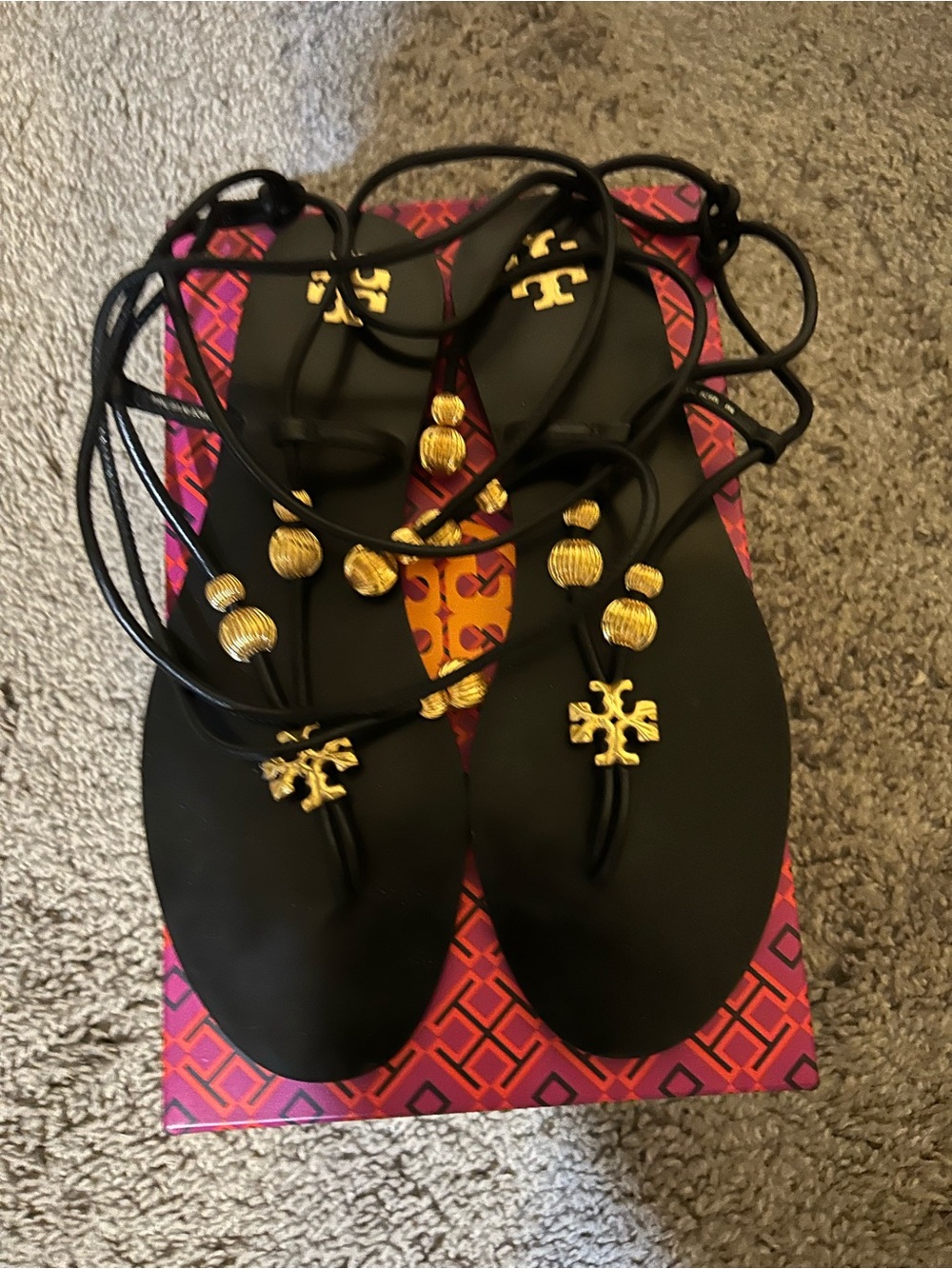 Tory Burch Black Lace-Up Gladiator Sandals with Gold Emblems